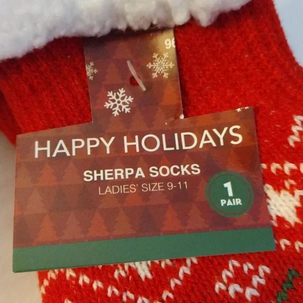 Happy Holidays Festive Santa Knitted Sherpa Lined Bootie Socks NWT